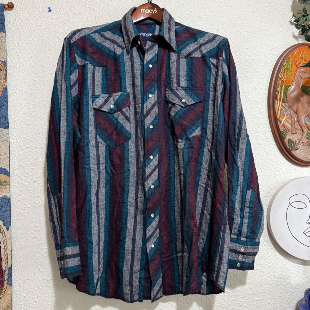Vintage Wrangler Western Shirt Mens Stripe Pattern Pearl‎ Snap XLT Tall pockets